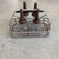 Glass 1 Quart Oil Bottles With Original Carrier Oregon Gasoline Chief Logo Vintage Gas Station