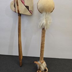 Vintage Native American Hide Rattle And Souvenir Tomahawk