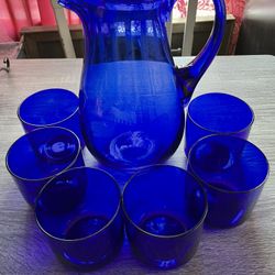 Vintage Cobalt Blue Glass Large Hand Blown Pitcher With 6 Glasses