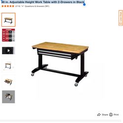 46 in. Adjustable Height Work Table with 2-Drawers in Black