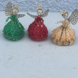 Vintage Handmade Christmas Angels (Lot of 3)Made of Colorful Beads & Safety Pins. The ref one is missing a row see pics 