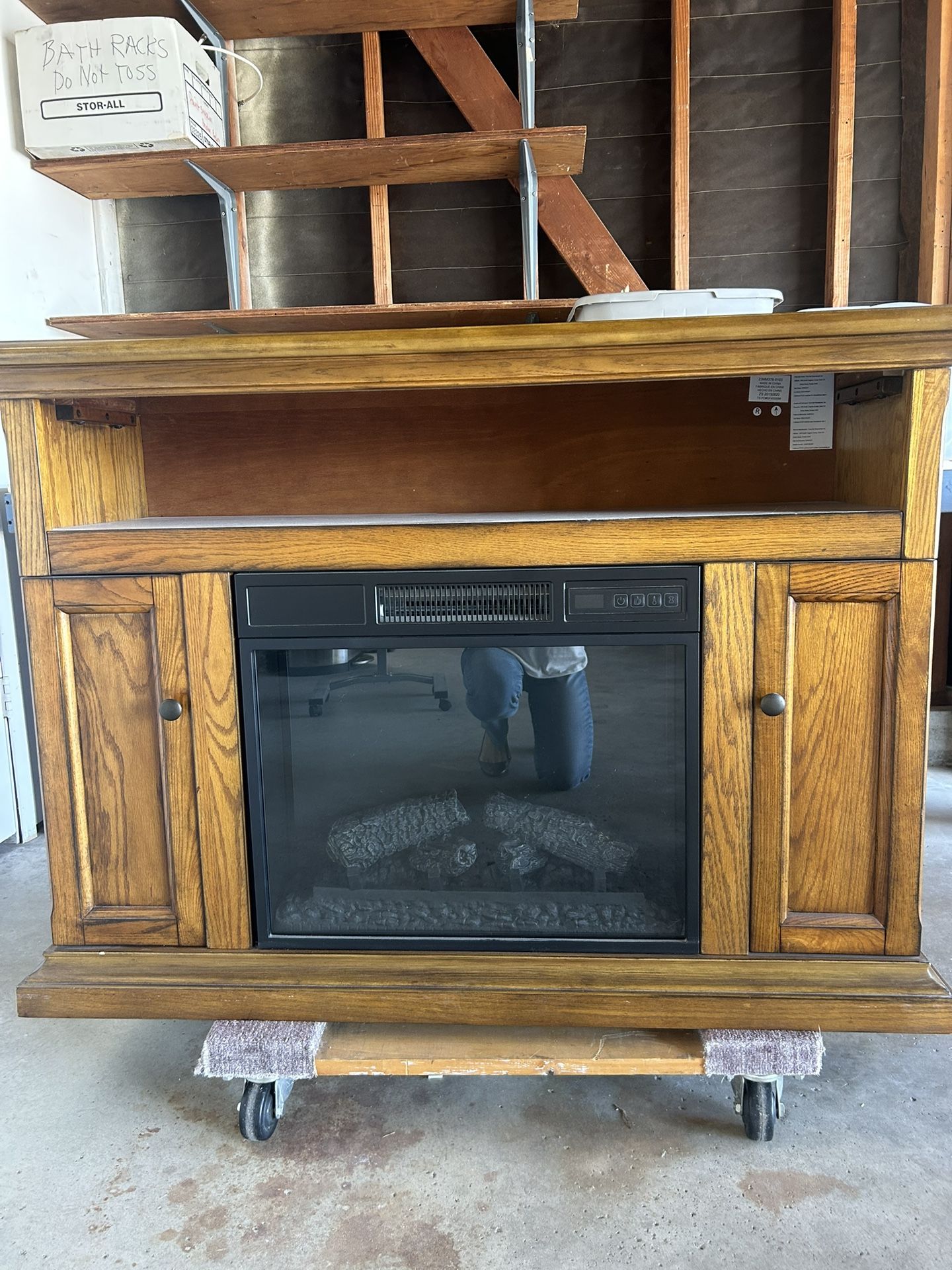 Oak finish electric fireplace W/ Remote console media storage