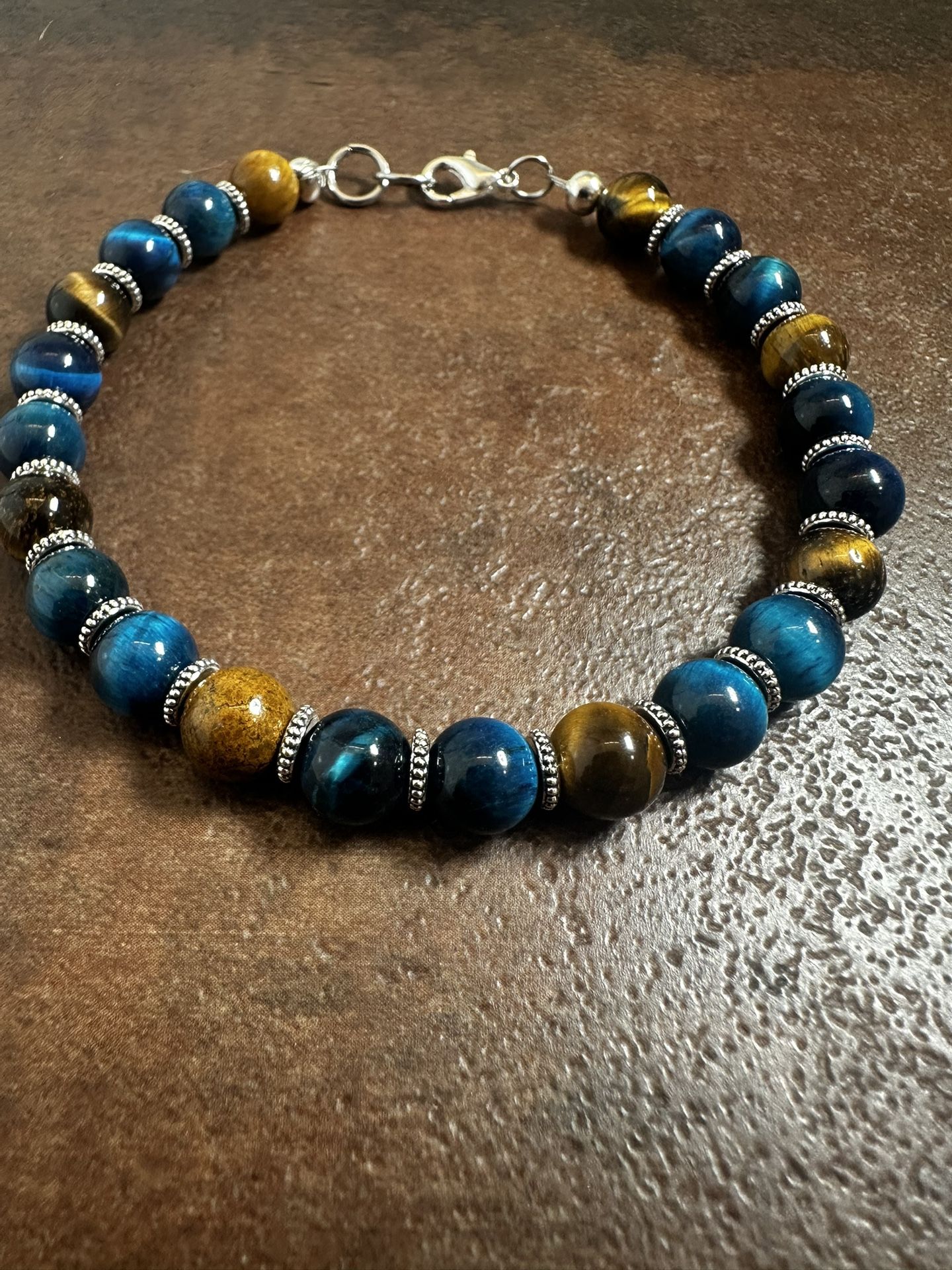 Blue and Yellow Tigers Eye Beaded Bracelet with Silver Accents
