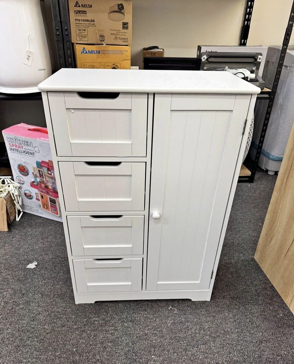 New assembled Large Bathroom Floor Cabinet with 4 Dawers and Single Door Cabinet, Freestanding