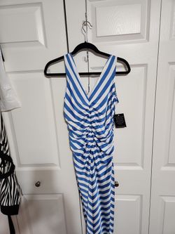 Blue & White V Neck Maxi Dress