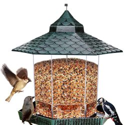 Two Wild Bird Feeder Hanging for Garden Yard Outside Decoration, Hexagon Shaped with Roof, Green 