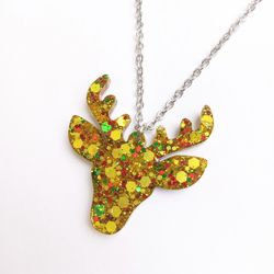 Christmas reindeer stainless steel 20" necklace with multicolor glitter new 