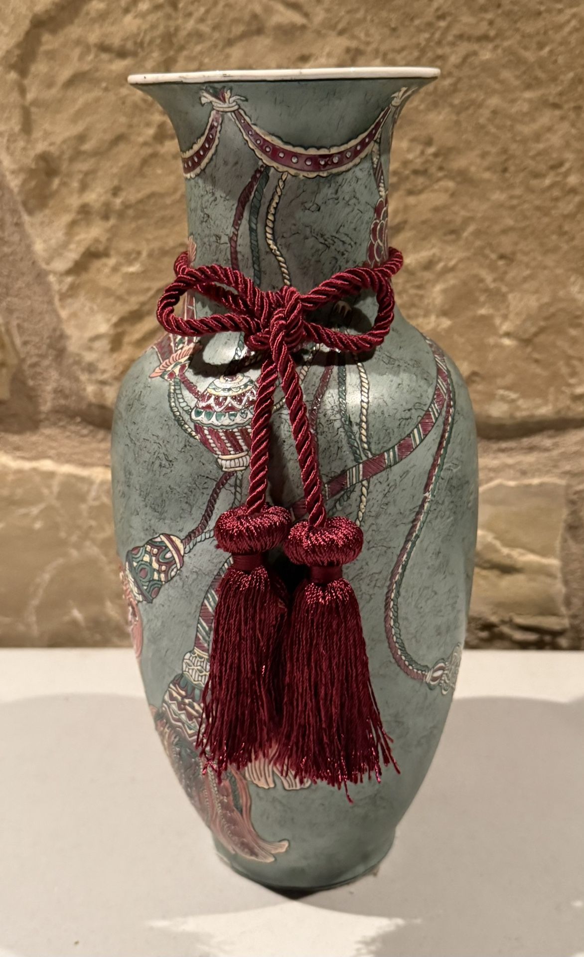 Teal Vase with Tassel Design