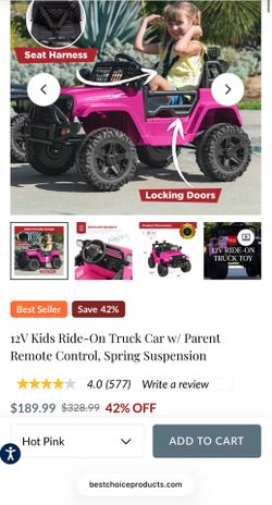 Hot Pink 12V Kids Ride-On Truck Car w/ Parent Remote Control, Spring Suspension