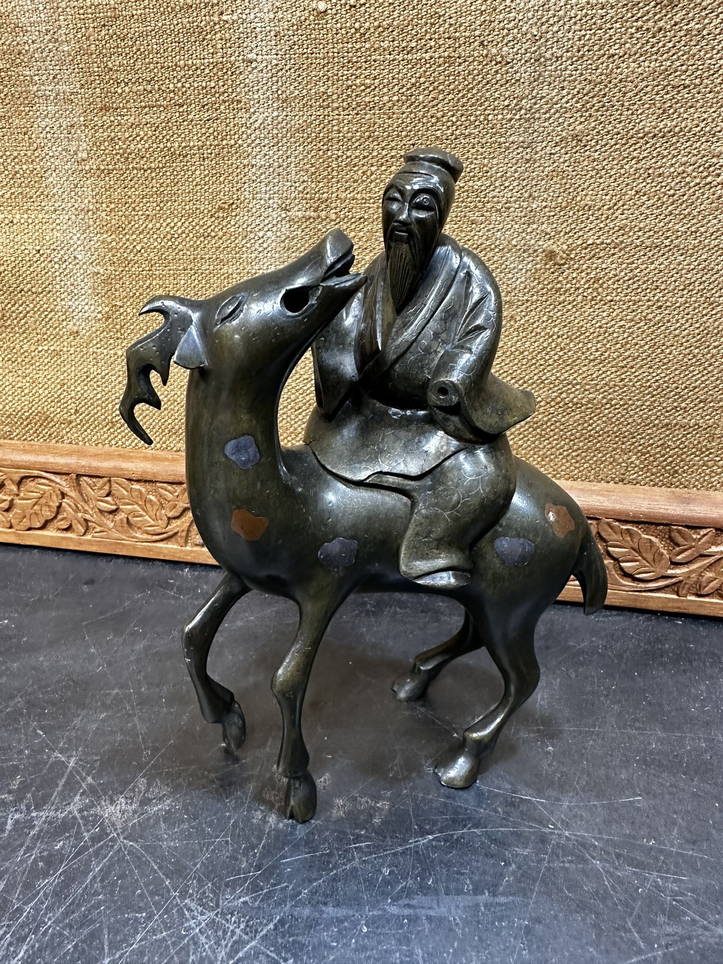 Chinese Antique Cast Bronze Censer of Shoulao Seated on a Deer Mid Qing Dynasty