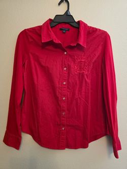 Tommy Hilfiger Womens Large red Button Front Shirt Embroidered Crest Long Sleeve Collared