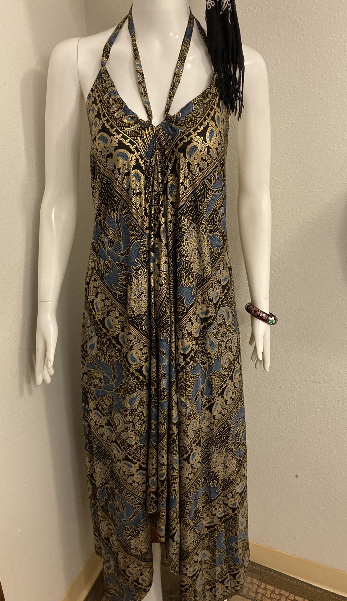 S/M dark blue & gold halter dress