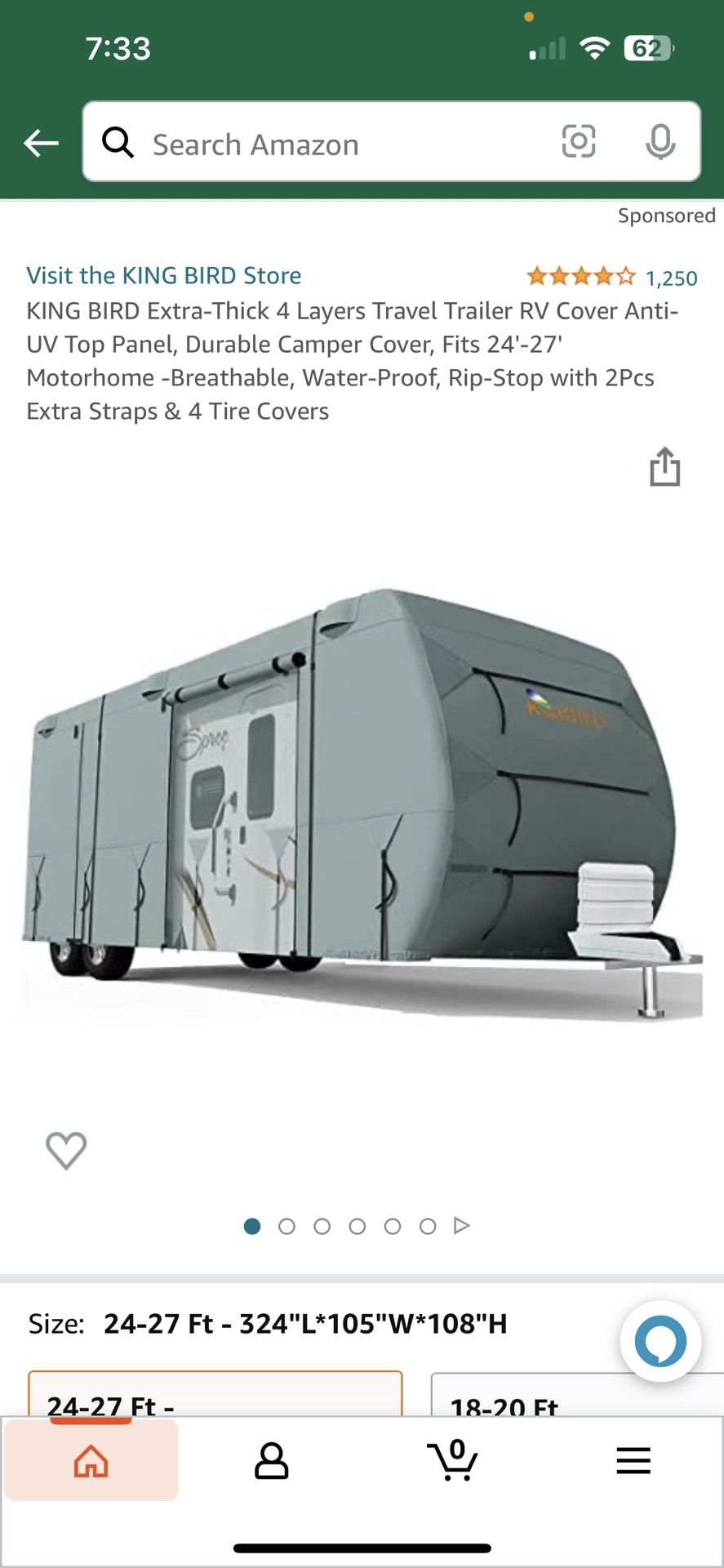 RV Cover Size: 24-27 Ft - 324"L*105"W*108"H 