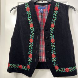 Y2k 90s 80s Christmas Vest Vintage Velvet Holly Karen Scott Brand 100% Cotton Size Medium