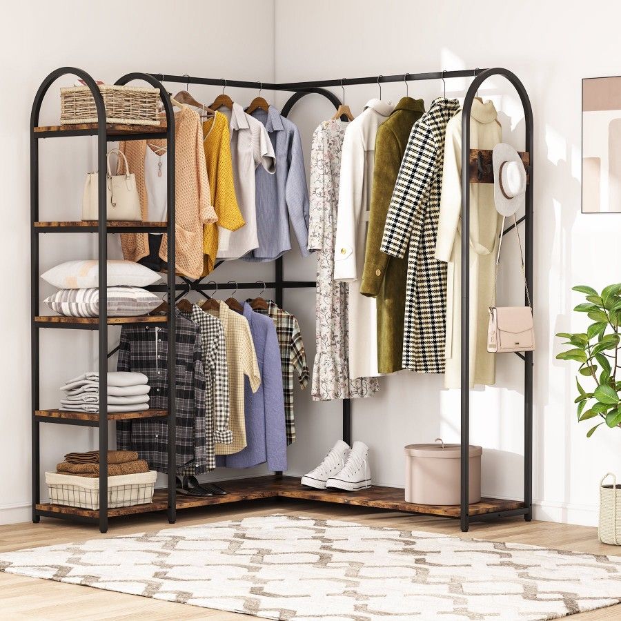 Shaped Closet Organizer, Freestanding Corner Clothes Garment Rack with Hanging Rods and Storage Shel