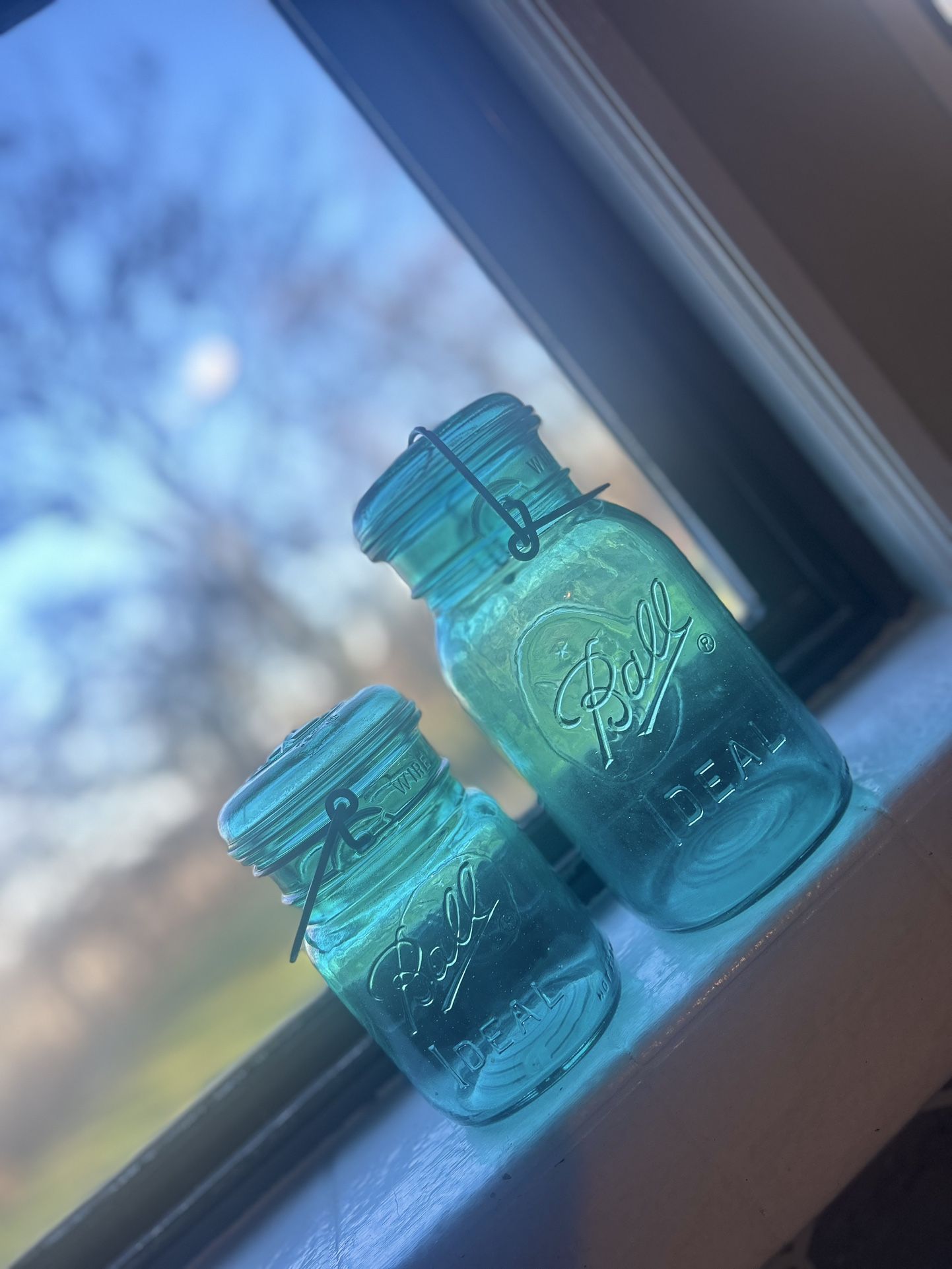 Vintage (1(contact info removed)) Ball "Ideal" Aqua Blue Glass Mason Jars with Lids - Quart, Square Bottom, in excellent condition.p