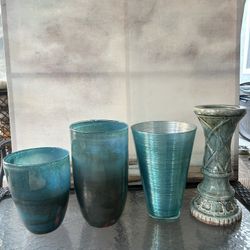 3 Teal Vases, Candleholder And Canvas Art