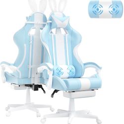 K-Kawaii Light Blue Gaming Chair with Bunny Ears, Ergonomic Cute Gamer Chair with Footrest and Massage, Racing Reclining Leather Computer Game Chair 2