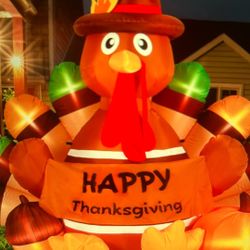 NEW 6Ft Thanksgiving Inflatable. Turkey Decorations w/Built-in LEDs, Standable, Blow Up Turkey Decoy w/Wings up for Indoor/Outdoor Holiday Yard Gar