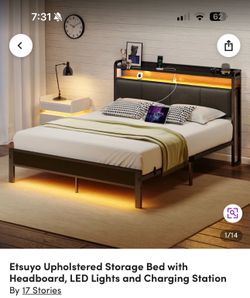 King size bed frame with lights under bed and on frame