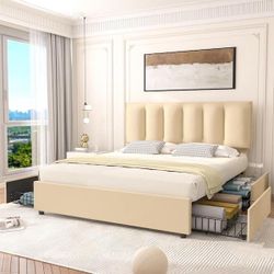Upholstered Bed Frame, Queen Bed Frame with 4-Storage Drawers and Adjustable Headboard Platform Bed Frame Beige