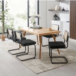 Zesthouse Rattan Dining Chairs 4pcs, Velvet Accent Chairs with Natural Cane Back & Stainless Chrome Base, Modern Mid Century Breuer Designed Chairs, U