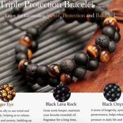 1pc, Triple Protection Bracelet(6.5"-11"), Handmade Bead Bracelet ,Premium Tiger Eye Black Onyx And Lava Rock, Creative Small Gifts, Holiday Accessori