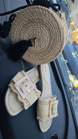 Sam Edelman Raffia Slide Sandals 9.5M & Round Straw Crossbody Bag Boho Set