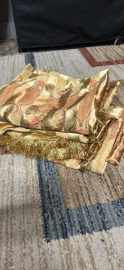 Gold Damask Floral Curtains with Fringe 5 pc