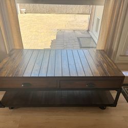 Solid Wood Coffee Table on Wheels, Like New