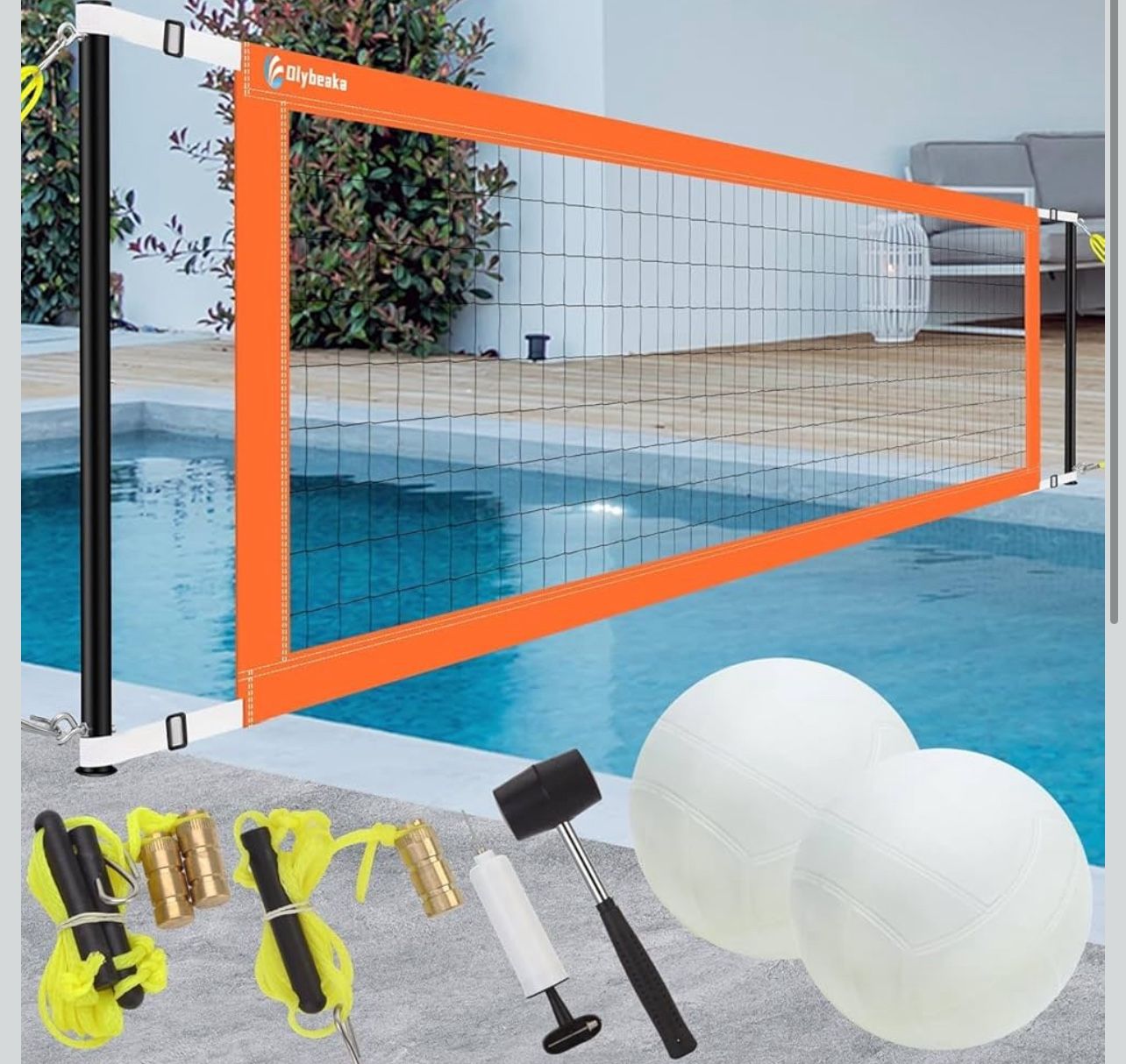 Easy Set Up Pool Volleyball Net Set with 2 Volleyball, Anchor and Hammer - 15ft-25ft Adjustable Length
