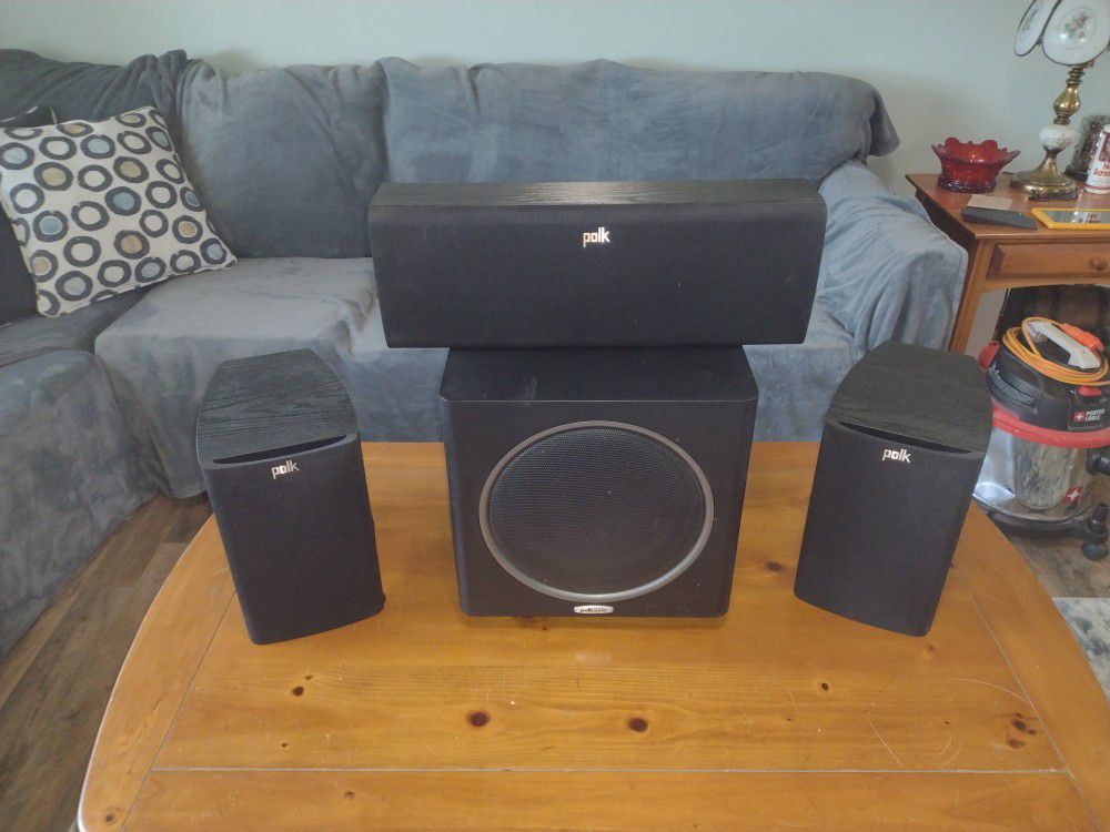 Polk Audio Surround Sound Speaker System. Powered 12 Inch Subwoofer,Center speaker,Left and Right Speakers