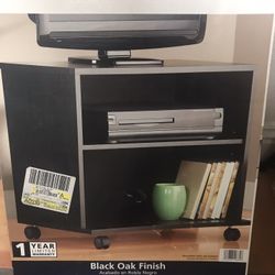 Rolling TV Cabinet Stand Black Oak , Adjustable Shelf, New In Box