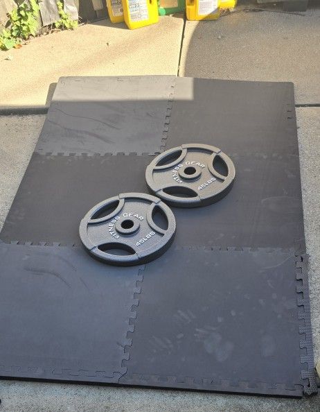45's easy grip Olympic weight plates and puzzle foam mat 4×6 ft **** Read Ad