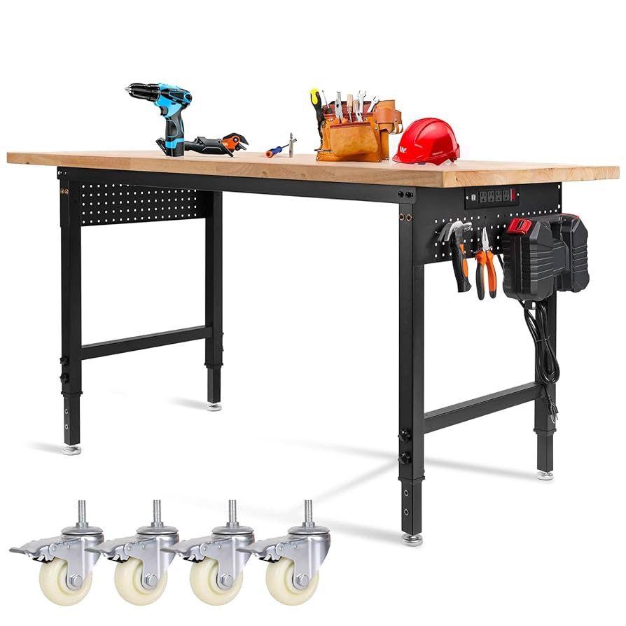 Height Adjustable Workbench with Wheels 60”×22” Heavy Duty Work Table 2000 LBS Capacity Rolling Work Table Rubber Wood Work Station with Power Outlet