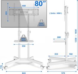 Mobile TV Cart Rolling TV Stand for 32 to 80 Inch Flat Curved Screen TVs, Height Adjustable Floor TV Mount with Wheels & AV Shelf, Heavy Duty Holds