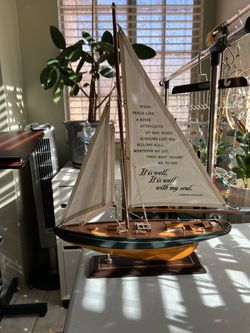Decorative Wooden Sailboat Model with Inspirational Quote