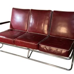 Lloyd Mgf. Vintage Art Deco Style Tubular Chrome Red Vinyl Sofa