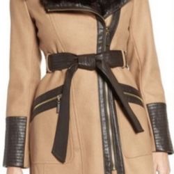 Via Spiga Wool Blend Faux Fur Leather Trim Belted Coat