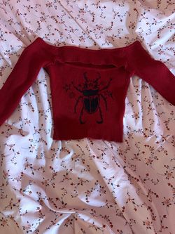 Red Ribbed Knit Crop Top Beetle Graphic