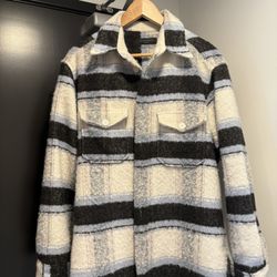 AllSaints Rayado Ecru Blue White Wool Blend Shirt Jacket Men's Medium
