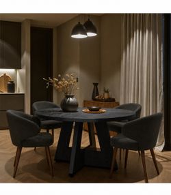 47” Round Dining Table + Set of 4 Boucle Dining Chairs | Modern Farmhouse Dining Set Brand New $399  Brand new in box – never used.  ✔ Full Set Includ