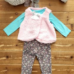 12MOS 3-PIECE OUTFIT TURQUOISE BABY OWL & MOMMA LONG-SLEEVE BODYSUIT PAIRED W/PINK FAUX FUR VEST & FLORAL LEGGING 