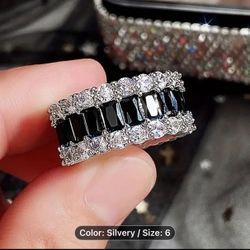 Gorgeous, Synthetic Black, Silver, And Crystal Barrel Ring