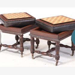 Beautiful real leather Pair of Mahogany-Stained and Faux-Leather Captain Jack Stools with Gameboard