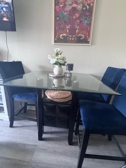 Modern 40" Glass Counter-Height Dining Table & 3 Navy Velvet Stools Set