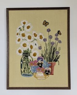 Embroidery hand-stitched crewelwork wall art - wood frame - 19.5” x25.5”