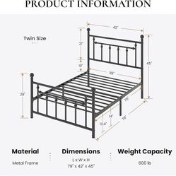 14" Twin Size Metal Platform Bed Frame/Victorian Headboard and Footboard/Steel Slats Mattress Foundation for Storage/No Box Spring Needed/Noise Free/B