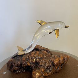 Vintage Burlwood And Glass Dolphin