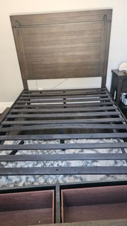 Queen storage bed frame with barn door headboard